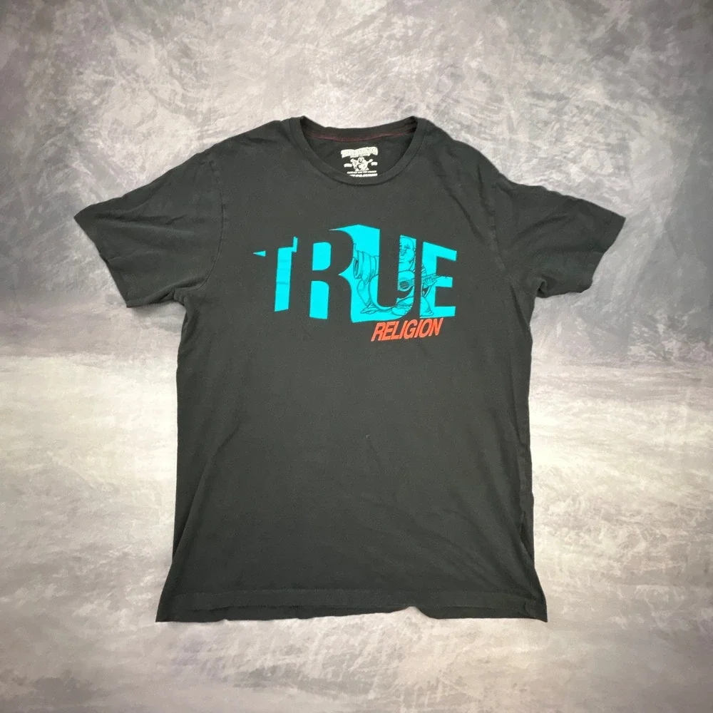 True Religion Mens Graphic T-Shirt Black Blue Buddha Logo Y2K Skater Tee Size M